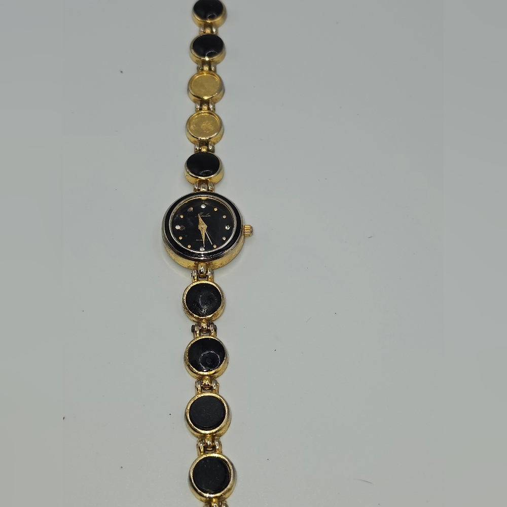 Vintage Moulin Watch Women Gold Tone Black Dial Chain Band